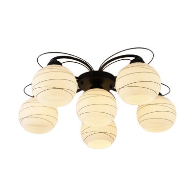 Orb Semi Flush Lamp with Floral Backplate 3/6/9 Lights Vintage Milk Glass Ceiling Light Fixture in Black