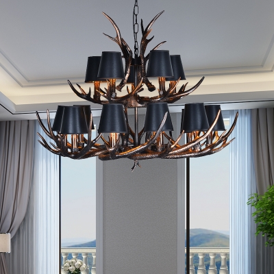 Vintage Antlers Suspension Light with Conic Shade Fabric 4/6/10/15 Lights Chandelier Light Fixture in Black