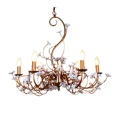 Vintage Flower Chandelier Lamp Metallic 6 Bulbs Gold Hanging Pendant Light for Living Room
