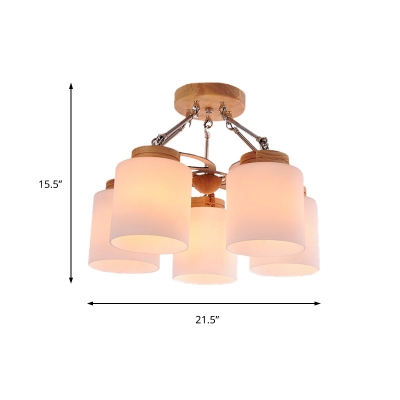 3/5 Heads Cylinder/Trapezoid Ceiling Chandelier Modern White Glass Pendant Light in Wood