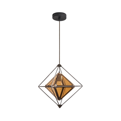 Art Deco Diamond Ceiling Pendant Light Single Light Amber/Smoke Glass Hanging Lamp in Black/Gold