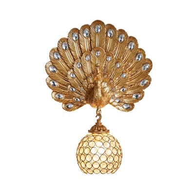 Art Deco Peacock Wall Mounted Light with Spherical Shade 1 Light Resin and Crystal Sconce Light in Blue/Gold/White