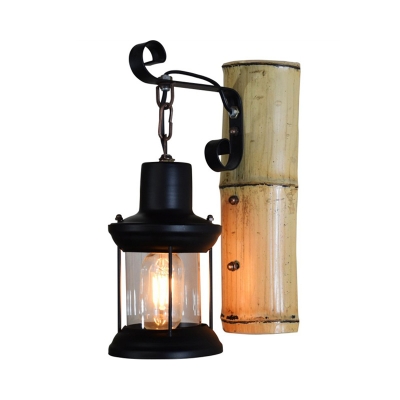 Black Finish Lantern Sconce Light 1 Light Industrial Loft Vintage Bamboo Wall Mounted Light for Porch