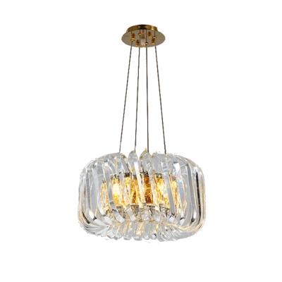 Clear K9 Crystal Drum Pendant Light Contemporary 4 Lights Chandelier Lamp in Brass