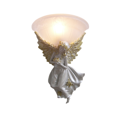 Country Bowl Sconce Light Amber/White Glass 1 Head Wall Mount Lighting with White Right/Left Angel Accents