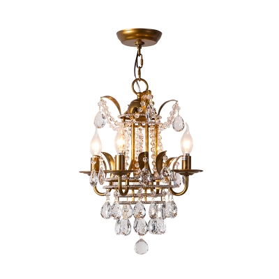 Country Style Candle Chandelier 4 Bulbs Metal Hanging Ceiling Light with Clear Crystal Prisms
