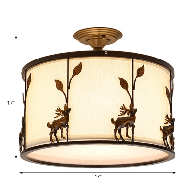 Fabric Drum Shade Semi Flush Mount with Deer Accents 3 Lights Loft Bedroom Semi Flush Lighting in Black