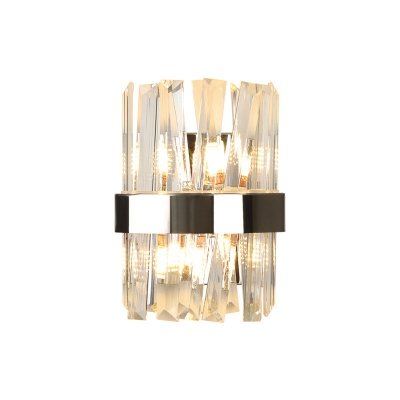 Faceted Glass Demilune Cylinder Sconce Lighting Modernist 1 Head Wall Light Fixture in Clear