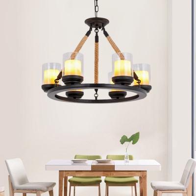 Industrial Round Hanging Light Clear Glass and Metal 4/6/8/10 Lights Indoor Chandelier Lamp in Black