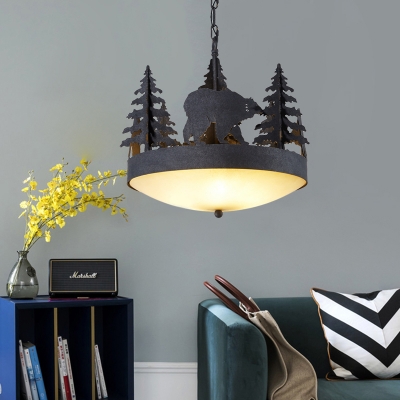 Loft Bowl Chandelier with Tree and Bear Metal and Opal Glass 3-Light Pendant Lighting in Black
