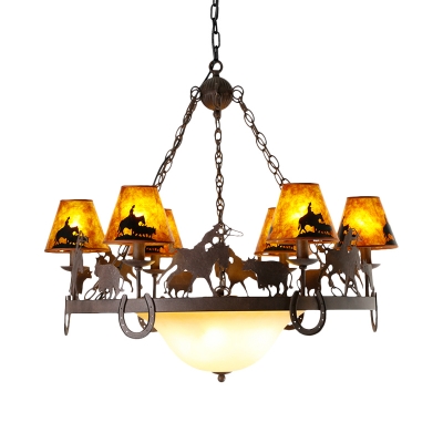 Loft Round Hanging Ceiling Light with Tapered Mica Shade 9 Lights Chandelier Lighting in Brown