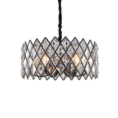 Modern Drum Pendant Lamp Metal and Clear Crystal 6 Lights Hanging Lamp in Black for Living Room
