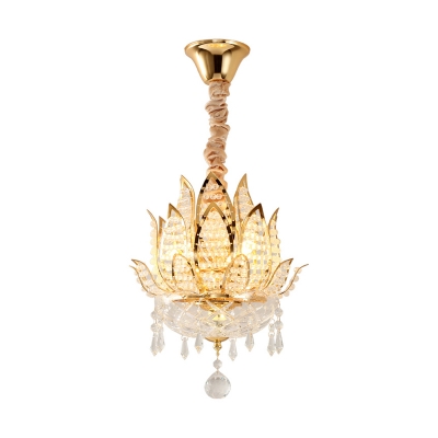 Modern Lotus Pendant Lighting 1 Head Clear Crystal Hanging Lamp in Gold for Corridor