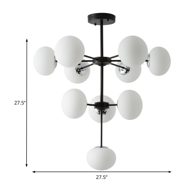 Modern Oval Hanging Ceiling Light with Radial Design White Glass Shade Chandelier in Black