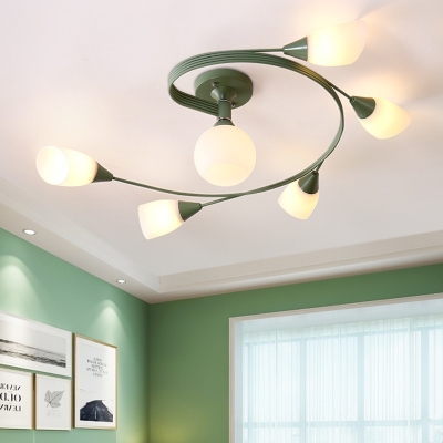 Nordic Curved Arm Semi Flush Ceiling Light with Opal Glass Shade 4/6 Heads Semi Flush Lamp in Blue/Green/Grey/Pink/Yellow