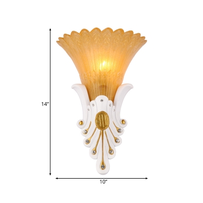 Petal Flush Wall Sconce with White/Yellow Glass Shade French Country 1 Head Wall Light with Peacock Tail Design