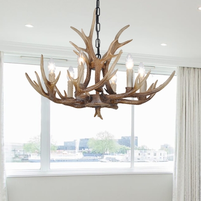 Restaurant Bare Bulb Suspension Light with Antlers Decoration Resin 4/6/8/10/15 Heads Ceiling Chandelier in Brown