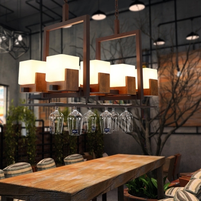 Rustic Linear Pendant Lamp 8 Bulbs Milk Glass and Wood Island Lighting for Restaurant with/without Wine Glasses