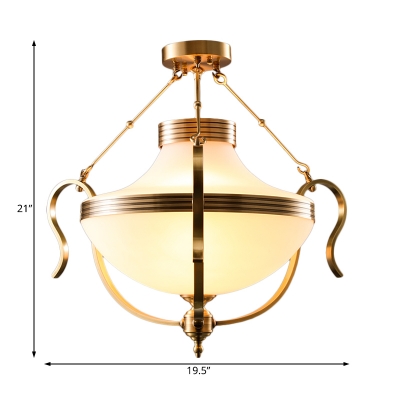 Traditional Bowl Hanging Light Opal Glass 3 Lights Foyer Ceiling Pendant Light in Gold
