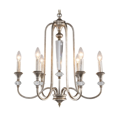 Traditional Candle Chandelier Lamp Metal and Crystal 6 Lights Antique Silver Living Room Pendant Lamp