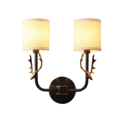 Traditional Cylinder Sconce Lighting with Fabric Shade 1/2 Lights Wall Light Fixture in Black/Gold