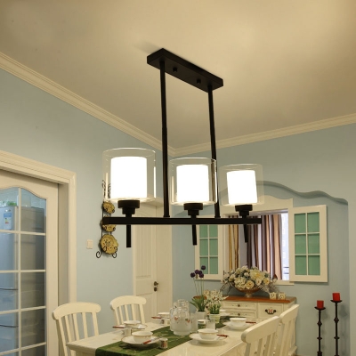 Traditional Torch Island Pendant Light Clear Glass 3/4 Lights Chandelier Lighting in Black with Inner Opal Glass Shade