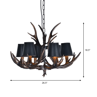 Vintage Antlers Suspension Light with Conic Shade Fabric 4/6/10/15 Lights Chandelier Light Fixture in Black