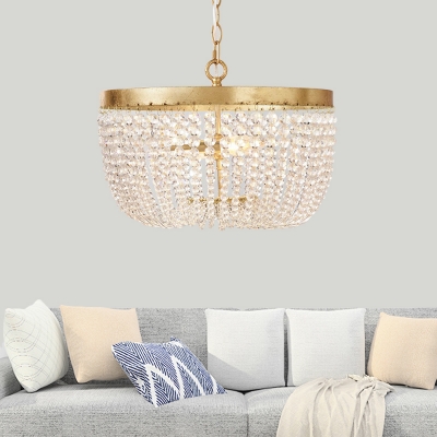 Vintage Beaded Chandelier Light Clear Crystal Hanging Ceiling Light in Aged Brass