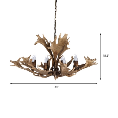 Vintage Candle Chandelier Light with Antlers Design Resin 8 Bulbs Suspension Light in Brown