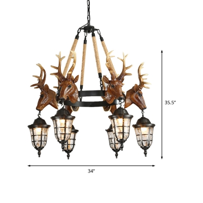 Vintage Urn Cage Hanging Chandelier with Elk Accent Metal 6 Heads Indoor Chandelier Lighting Fixture in Brown