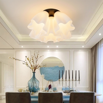 White Glass Scalloped Semi Flush Light Loft Country 3/5/7 Lights Ceiling Flush Light for Dining Room