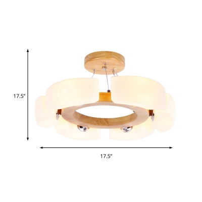 Wooden Round Chandelier Lamp with Opal Glass Shade 4/6 Heads Nordic Suspension Light for Living Room
