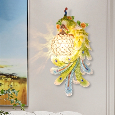 Yellow/Green/Gold Peacock Wall Light Sconce Modern 1/2-Pack Crystal Wall Lamp with Dome Shade over Table