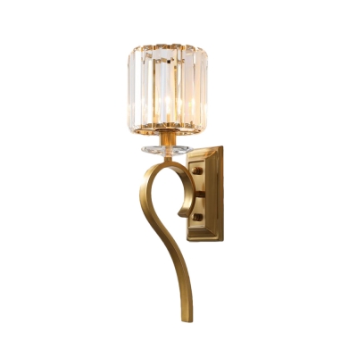 1 Light Cylinder Wall Light Contemporary Metal and Clear Crystal Sconce Light in Gold for Bathroom