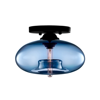 1 Light Oval Semi Flush Lighting with Amber/Blue/Brown/Clear Glass Shade Minimalist Outdoor Flushmount in Black