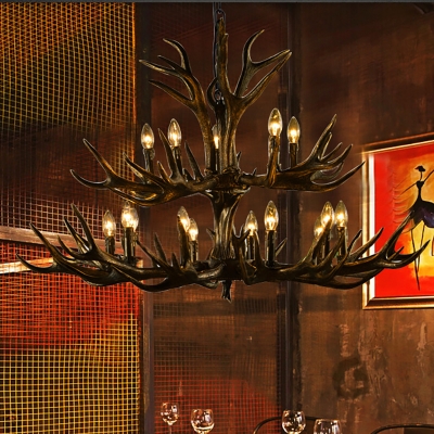 6/8/10/15 Bulbs Antlers Ceiling Pendant Light Vintage Resin Chandelier Lighting with Adjustable Chain in Black