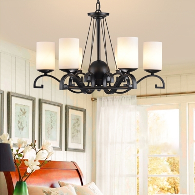 6 Lights Cylinder Hanging Ceiling Light with Opal Glass Shade Traditional Pendant Lamp in Black Finish