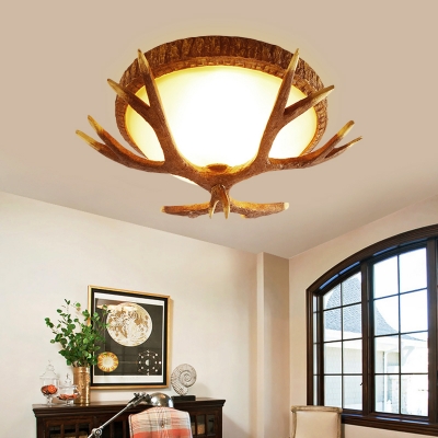 Antler Flush Lighting with Bowl White Glass 3 Lights Village Style Ceiling Light Fixture in Brown