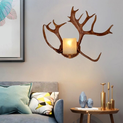 Antlers Design Wall Sconce with Cylindrical Opal Glass Shade Countryside 1 Light Wall Mount Lamp in Brown