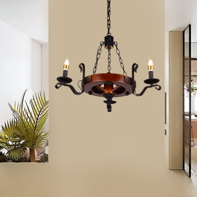 Black Candle Chandelier Lamp with Wooden Round 3/5/6 Lights Industrial Hanging Pendant Light