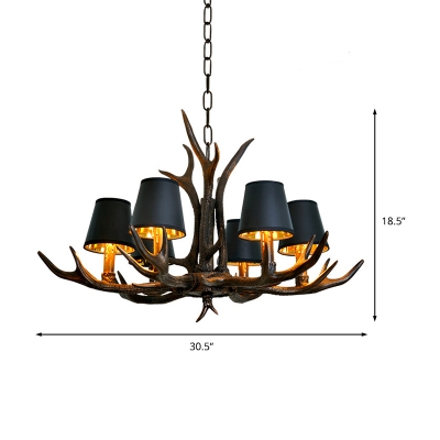 Black Fabric Cone Hanging Chandelier with Antlers Design Vintage 4/6/8/10/15 Lights Hanging Ceiling Light