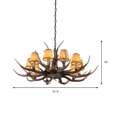 Conical Fabric Shade Pendant Lighting with Antlers Design Vintage 4/6/8/10 Heads Chandelier Lighting Fixture in Brown