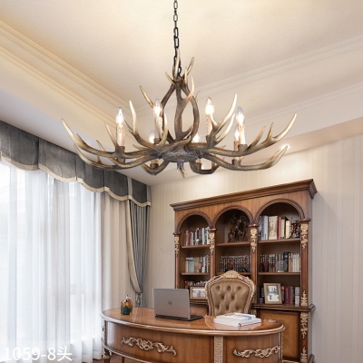Contemporary Candle Ceiling Pendant Light with Antlers Decoration Resin 6/8 Lights Pendant Chandelier in Khaki