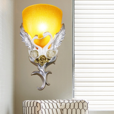 Country Style Cone Wall Mount Lighting 1 Light Amber/White Ribbed Glass Bedroom Sconce Light in Silver/Gold