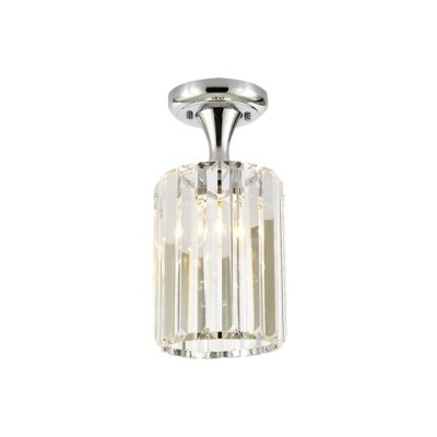 Cylinder/Spiral/Square/Rectangle Semi Flush Lamp Modern Faceted Clear Crystal 1 Head Ceiling Lighting Fixture in Chrome