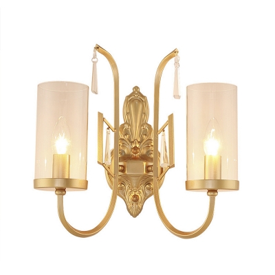 European Style Cylinder Wall Light with Crystal 1/2 Lights Metal Sconce Light in Gold for Corridor