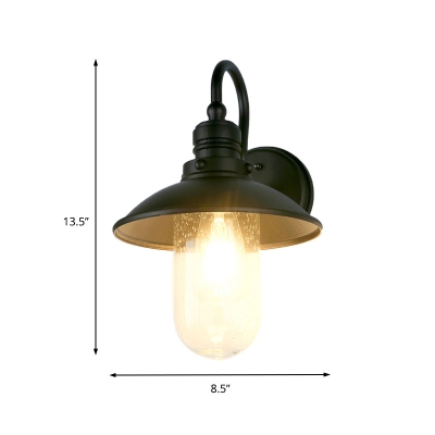 Flared/Cone Entry Sconce with Gooseneck Arm 1 Light Vintage Industrial Bubbled Glass Wall Sconce Lighting in Black