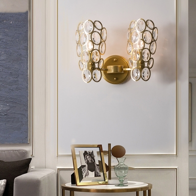 Gold Circle Wall Sconce Light with K9 Clear Crystal 2 Heads Vintage Wall Lighting for Bedroom