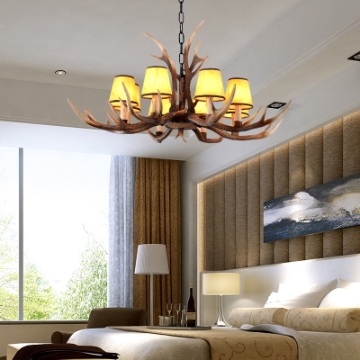 Indoor Antlers Ceiling Pendant Light with Fabric Cone Shade Modern 6/8/10/12 Heads Chandelier Light in Brown