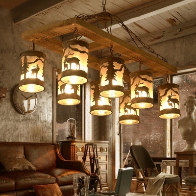Linear Island Lighting Country Style Solid Wood and Metal 8 Lights Multi Light Pendant in Rust